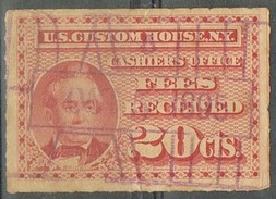 Sello ADUANAS, Custom House New York, 20 Ctvos, Cashiers Office º - Revenues