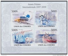 COMORES SHEET IMPERF YEAR INTERNATIONAL POLAR BIRDS PENGUINS OWLS SHIPS - Internationale Pooljaar