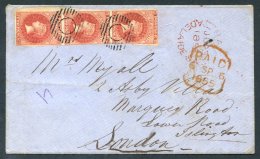 1855 Watermark Large Star, Imperforate 2d Rose-carmine Vertical Strip Of Three With Very Large Margins In Places (bottom - Autres & Non Classés