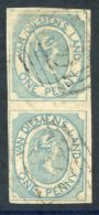 1853 Courier 1d Pale Blue Vertical Pair On Thin Hard White Paper, [1/7], Just Clear (lower Left) To Large Margins, Light - Autres & Non Classés