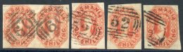 1858 Wmk Double-lined Numerals, 1s Vermilion Pair & Singles (3), All With Four Margins, FU. SG.41, Cat. £400. - Sonstige & Ohne Zuordnung