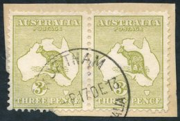 1913-14 3d Yellow-olive Horizontal Pair, Die I/Die II, VFU On Small Piece, SG.5ca. (2) Cat. £600 - Sonstige & Ohne Zuordnung