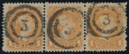 1868-71 Large Queen, Medium Paper 1c Orange-yellow Horizontal Strip Of Three, Each Cancelled With Two-ring '3' (Ottawa), - Sonstige & Ohne Zuordnung