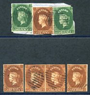 1857-59 5d Chestnut Horizontal Pair With Close To Small Margins, Small Nick In Margin At Top Left, Plus Three Singles, O - Sonstige & Ohne Zuordnung