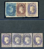 1857-59 1s Slate-violet Horizontal Pair & Two Singles, All With Four Margins, Also Another Single With Large Margins - Sonstige & Ohne Zuordnung