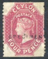 1863-66 4d Rose Perf 12½, Hand Stamped 'SPECIMEN' (Type D5), Unused, Straight Edge At Top And At Foot. Rare. SG.5 - Autres & Non Classés