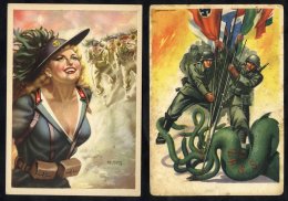 1940's Coloured Propaganda Cards (4), Three Featuring War Scenes With Women, Very Fine Condition, Another Card Showing G - Sonstige & Ohne Zuordnung