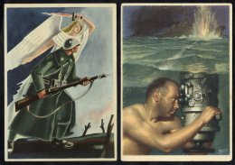 1940's Propaganda Cards (3 Coloured, 1 Sepia), Depicting Submarines, Ships, The War In Africa, Soldier & Angel. (4) - Autres & Non Classés