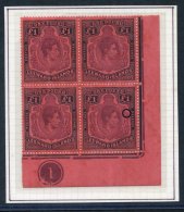 1938-51 £1 Purple & Black On Carmine, Corner Marginal UM Plate Block Of Four, Showing Broken Lower Right Scrol - Sonstige & Ohne Zuordnung