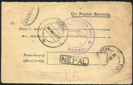 1929 Scarce ON POSTAL SERVICE Printed Card To India, Front Shows Oval KATMANDU Boxed NEPAL & FYZABAD Arrival, Also 1 - Sonstige & Ohne Zuordnung