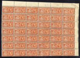 1937 Coronation 3c Orange-brown Die I Perf 14, UM Upper Right Corner Marginal Block Of 42, Couple Of Stamps With Faults, - Sonstige & Ohne Zuordnung