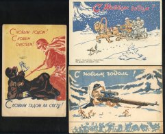 1942-43 Propaganda Happy New Year Cards Showing Caricatures Incl. German Troops Freezing On A Sleigh Ride, German Soldie - Sonstige & Ohne Zuordnung