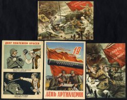 1942-46 Four Coloured Propaganda Cards Depicting Advancing Russian Troops With Flags, Tank, Map Reading, Card Showing Ca - Sonstige & Ohne Zuordnung