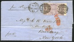 USA 1864 EL Ex Manchester With 6d Lilac SG.85, With Hairlines In Horizontal Pair FU And Tied By Orange-red 'PAID' With ' - Other & Unclassified