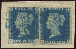 Plate 2 TI-TJ, Horizontal Pair In Bright Blue, Margins Generally Good To Large But Just Cut Into At Top Left, Tied By Go - Other & Unclassified