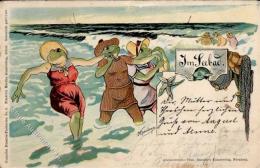 Frosch Personifiziert Im Seebad Künstlerkarte I-II (Marke Entfernt, Ecken Abgestoßen) Grenouille - Non Classés
