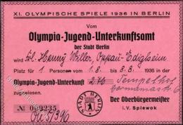 BERLIN OLYMPIA 1936 - Unterkunft-Zuweisungskarte (keine Ak) D. Olympia-Jugend-Unterkunftsamt (rücks. Klebestellen) - Non Classés