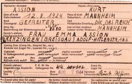WK II MILITÄR - KGF-Karte Des SS-Gefreiten Kurt Assion V. SS-DIV. DAS REICH" 7.8.1944 Mit Entspr. Beschädigtem - Ohne Zuordnung