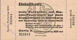 RP NÜRNBERG 1934 WK II - Eintrittskarte VOLKSFEST 8.9.34" Gefaltet!" - Non Classés