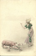 Carte Postale Wichera  Art Nouveau Vienne Wien Femme Et Cochon Et Porcelets Légère Entaille - Wichera