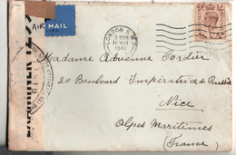 GREAT BRITAIN 1941 - Lettre D'Angleterre Pour Nice Avec Bande De Censure Oblitération London Air Mail Ww2 Guerre - Marcophilie