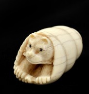 Csigaházas állatka, Netsuke, Faragott Csont, Jelzett (olvashatatlan), Berakással... - Altri & Non Classificati