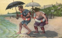 T2/T3 Un Couple Qui N'a Pas Peur De L'eau / A Couple Who Is Not Afraid Of Water, Beach, Umbrellas, Humorous Art... - Non Classificati