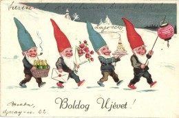 T2/T3 Boldog Újévet! / New Year Greeting Card With Celebrating Dwarfs (EK) - Unclassified