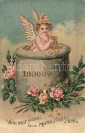 T2/T3 Happy New Year / New Year Greeting Card With Angel, Golden Decorated Emb. Litho (EK) - Unclassified