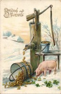 T2/T3 Boldog Új Évet! / New Year Greeting Card With Pig, Clovers And Money Litho (EK) - Unclassified
