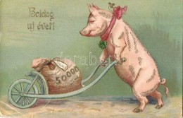 T2/T3 Boldog Újévet! / New Year, Pig With Money, EAS 17339/17340. Golden Decorated Litho - Unclassified