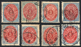 Sc.6, 1874 3c., 8 Used Examples (4 With Perf 13, Sc.17), Varied Colors, Papers And Cancels, Very Interesting Lot... - Denmark (West Indies)