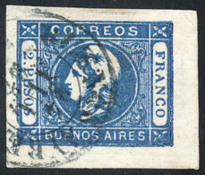 GJ.22, 2P. Blue, Fantastic Example Of Immense Margins, With Light Corner Crease, Insignificant, Beautiful! - Buenos Aires (1858-1864)