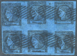 GJ.7, Dark Blue, Used Block Of 6 With Mute "ellipse Of 9 Bars" Cancel Of Corrientes, With Minor Faults Typical In... - Corrientes (1856-1880)