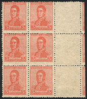 GJ.462CD, 1918 5c. San Martín, Unwatermarked, Block Of 6 Stamps + 3 White Labels At Right, Also Sheet Margin... - Andere & Zonder Classificatie