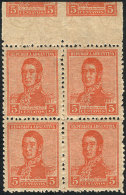 GJ.483, 1918 5c. San Martín, Marginal Block Of 4 With Partial Impression Of Other Stamps, The Top Stamps And... - Otros & Sin Clasificación