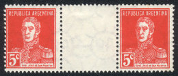 GJ.599EV, 1924 San Martín 5c. W/o Period, Horizontal GUTTER Pair, Excellent Quality, GJ Catalog Value... - Other & Unclassified