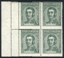 GJ.740 (Sc.422), San Martín 3c., Block Of 4 With VARIETY: Double Perforation Creating 2 Small Labels On The... - Otros & Sin Clasificación