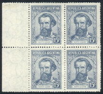 GJ.872 (Sc.436), 1942 Güemes 15c. Gray Blue,watermark Sun With Wavy Rays, Sheet Margin BLOCK OF 4, Excellent... - Sonstige & Ohne Zuordnung