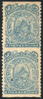 Scott 37a, 1893 5c. Coat Of Arms, Lithographed, Pair Imperforate Horizontally, Minor Defect, Good Appearance, Rare! - Bolivia