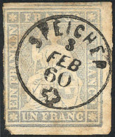 Sc.31, 1855 1Fr. Lavender-gray With Yellow Silk Thread, Nice Cancel Of SPEICHER, 3 Ample Margins, With Some Age... - Altri & Non Classificati