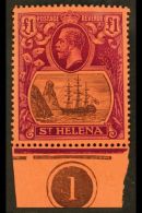 1922 £1 Grey And Purple/red, SG 396, Superb Never Hinged Mint Marginal Plate Number Example. A Gem! For More... - Isla Sta Helena