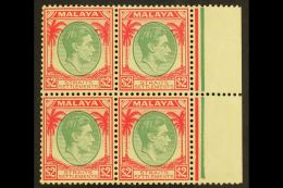 1937-41 $2 Green And Scarlet, SG 291, Never Hinged Mint Marginal BLOCK OF FOUR, Usual Streaky Gum. (4 Stamps) For... - Straits Settlements