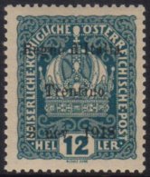 TRENTINO 1918 12h Blue-green Overprinted "Regno D'Italia Etc", Sass 5, Very Fine Never Hinged Mint. Signed Oliva.... - Non Classificati