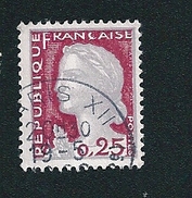 N° 1263 Marianne De Decaris 0.25 1960 France  Oblitéré Lettrage Supérieur Coupé - Usados