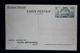 France Carte Postale Monument Australien De Villers Bretonneux 1938 Type P1 F Timbre Olive Au Lieu De Vért-emeraude  RRR - Postales Tipos Y (antes De 1995)