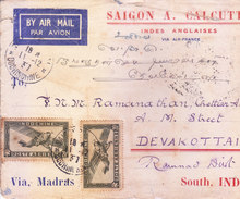 INDOCHINE 1937 AIRMAIL COVER, SAIGON TO SOUTH INDIA VIA MADRAS, UPTO TO CALCUTTA VIA AIR FRANCE - TORN CONDITION - Airmail