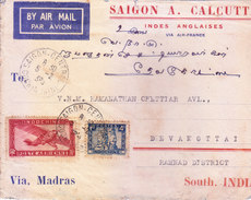 INDOCHINE 1938 AIRMAIL COVER, SAIGON TO SOUTH INDIA VIA MADRAS, UPTO TO CALCUTTA VIA AIR FRANCE - TORN CONDITION - Luftpost