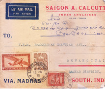 INDOCHINE 1938 AIRMAIL COMMERCIAL COVER, SAIGON TO DEVAKOTTAI, SOUTH INDIA VIA MADRAS, UPTO CALCUTTA VIA AIR FRANCE - Airmail