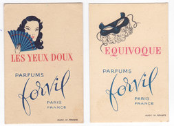 2 Petites Cartes PARFUMS FORVIL  Equivoque - Les Yeux Doux - Anciennes (jusque 1960)